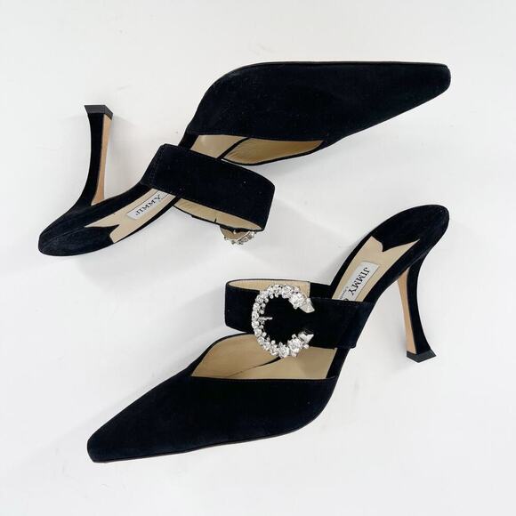 Jimmy Choo Black Suede Marta 90 Crystal Embellished Pointed Toe Mule Heel IT 40 - Picture 4 of 11